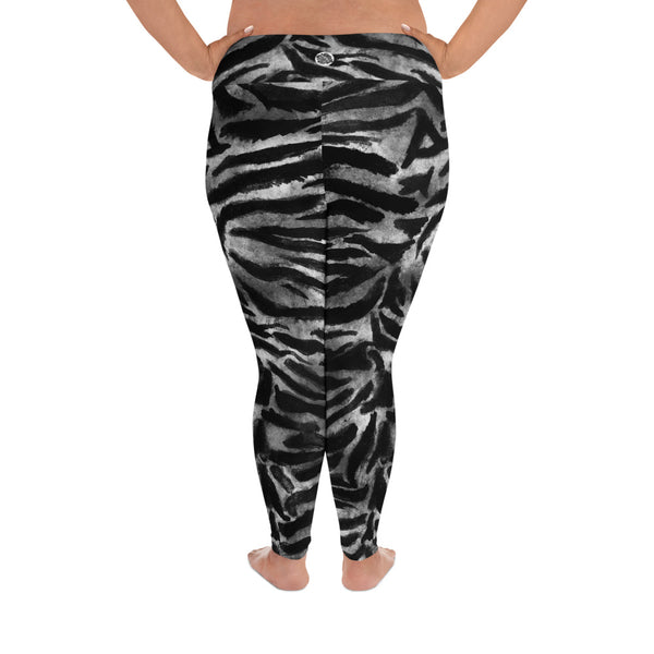 White Gray Tiger Stripe Animal Print Women's Yoga Pants Plus Size Leggings-Made in USA/EU-Women's Plus Size Leggings-Heidi Kimura Art LLC
