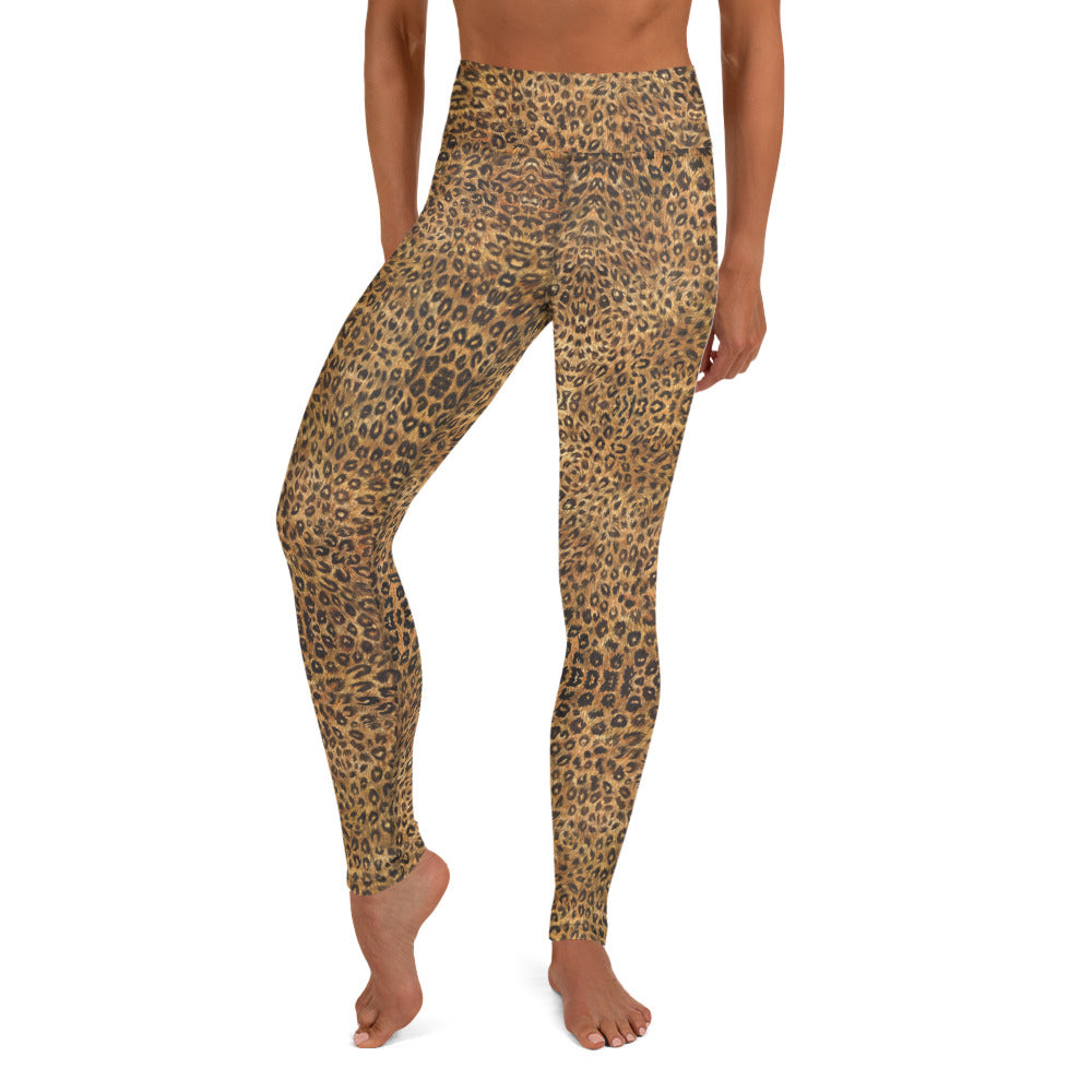 Leopard Women's Yoga Leggings, Brown Animal Print Long Tights-Made in USA/EU-Heidi Kimura Art LLC-XS-Heidi Kimura Art LLC