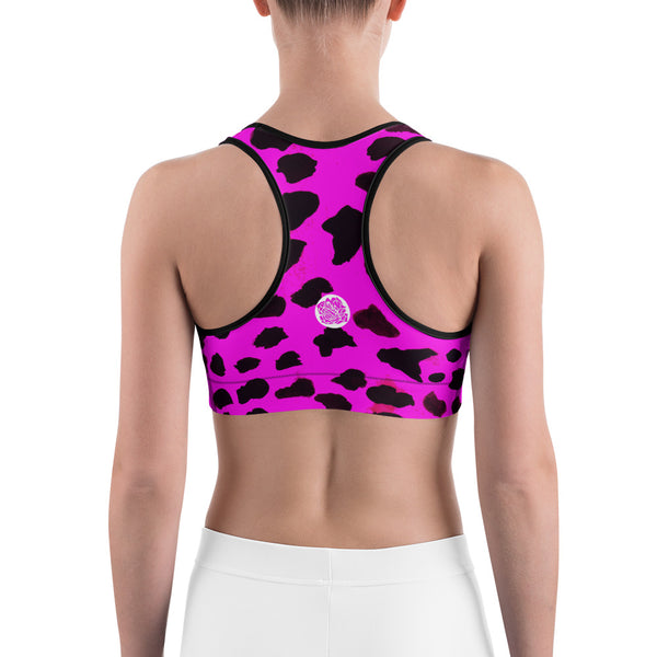 Hot Pink Cow Animal Print Women's Yoga Sports Bra - Made in USA/EU (US Size: XS-2XL)-Sports Bras-Heidi Kimura Art LLC