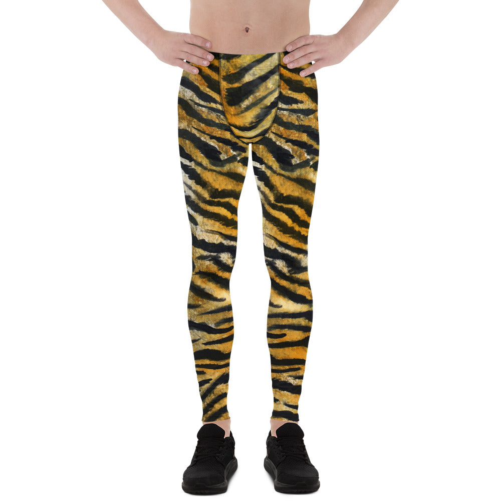 Orange Tiger Stripe Animal Print Men's Running Leggings & Run Tights- Made in USA/EU-Men's Leggings-XS-Heidi Kimura Art LLC