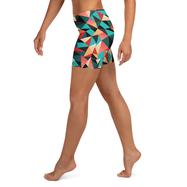 Red Geometric Women's Sports Shorts, Patterned Colorful Ladies Exercise Shorts-Heidikimurart Limited -Heidi Kimura Art LLC Red Geometric Sexy Workout Shorts, Women's Colorful Designer Women's Elastic Stretchy Shorts Short Tights -Made in USA/EU/MX (US Size: XS-3XL) Plus Size Available, Gym Tight Pants, Pants and Tights, Womens Shorts, Short Yoga Pants