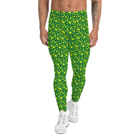 Green Yellow Stars Meggings, Designer Starry Night Men's Leggings-Heidi Kimura Art LLC-XS-Heidi Kimura Art LLC