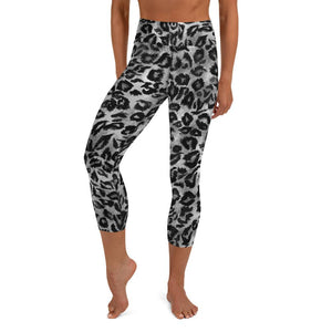 Gray Leopard Animal Print Women's Yoga Capri Leggings Pants Tights- Made in USA/ EU-Capri Yoga Pants-XS-Heidi Kimura Art LLC