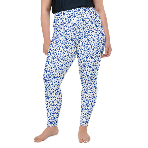 White Blue Star Pattern Print Women's Designer Plus Size Leggings Tights- Made in USA/EU-Women's Plus Size Leggings-2XL-Heidi Kimura Art LLC