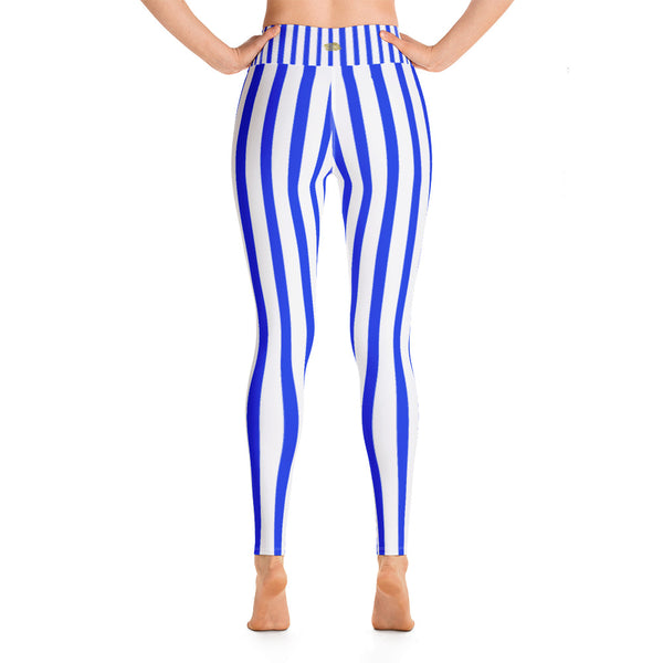 Women's Blue & White Striped Fitted Stretchy Long Yoga Leggings-Made in USA-Leggings-Heidi Kimura Art LLC