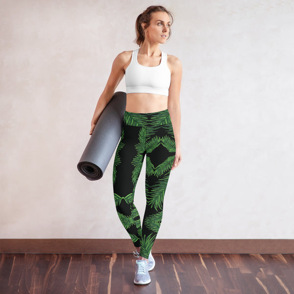 Black Tropical Leaf Print Yoga Leggings, Green Palm Leaf Women's Yoga Tights-Made in USA/EU-Heidi Kimura Art LLC-Heidi Kimura Art LLC