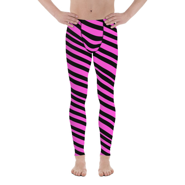 Black & Pink Striped Meggings, Diagonally Striped Men's Running Tights- Made in USA/EU-Men's Leggings-XS-Heidi Kimura Art LLC