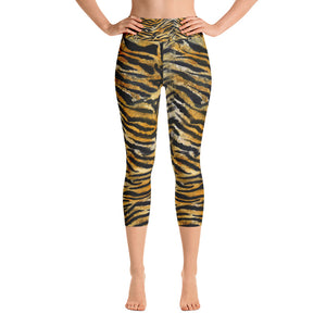 Tiger Striped Print Capri Yoga Pants, Women's Elastic Animal Print Capris-Made in USA/EU-Capri Yoga Pants-XS-Heidi Kimura Art LLC