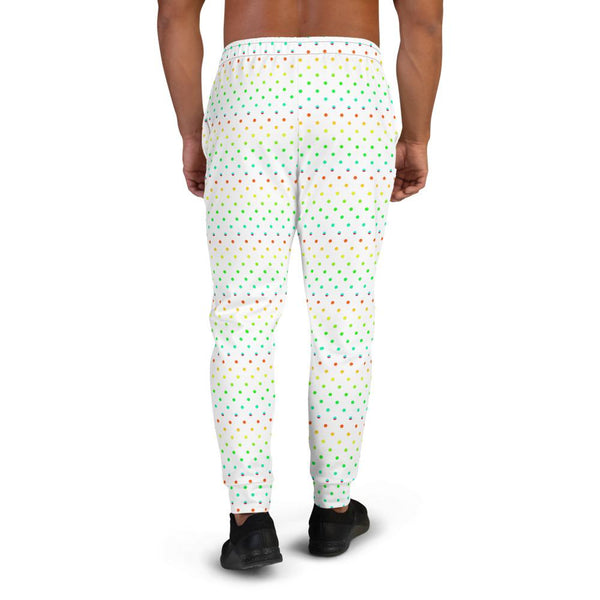 White Polka Dots Rainbow Print Designer Men's Joggers-Made in EU (US Size: XS-3XL)-Men's Joggers-Heidi Kimura Art LLC