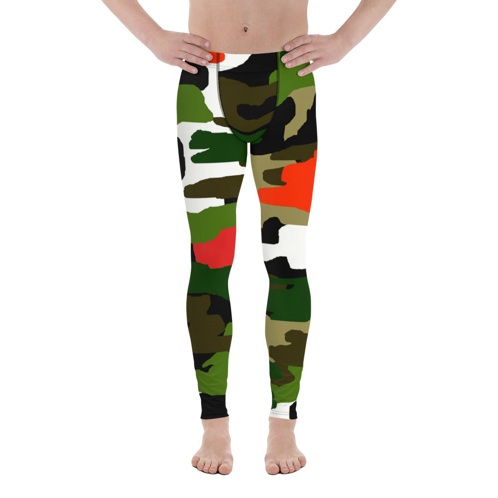 Green Orange Red Camouflage Military Amy Print 38-40 UPF Fashion Men's Leggings-Men's Leggings-XS-Heidi Kimura Art LLC