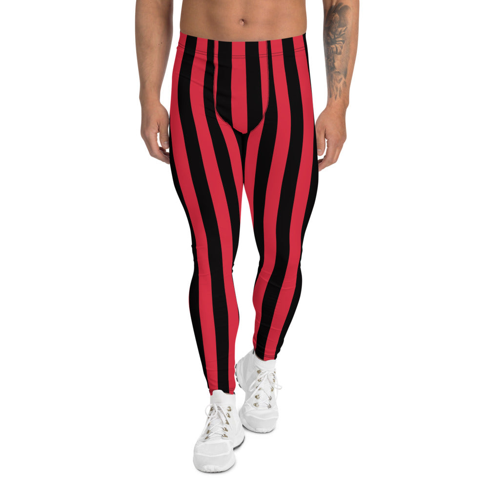 Red Black Striped Men's Leggings, Vertical Striped Circus Fashion