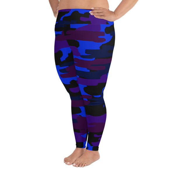 Purple Blue Camouflage Camo Military Print Women's Plus Size Leggings-Women's Plus Size Leggings-Heidi Kimura Art LLC