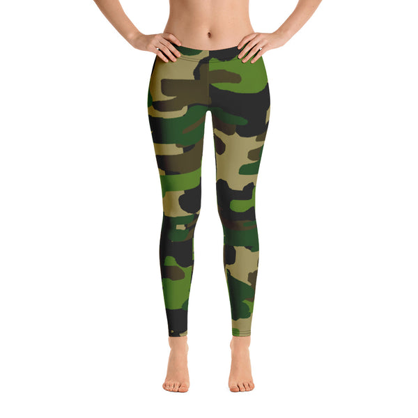 Green Military Camouflage Print Women's Long Casual Leggings/ Running Tights -Made in USA-Casual Leggings-Heidi Kimura Art LLC