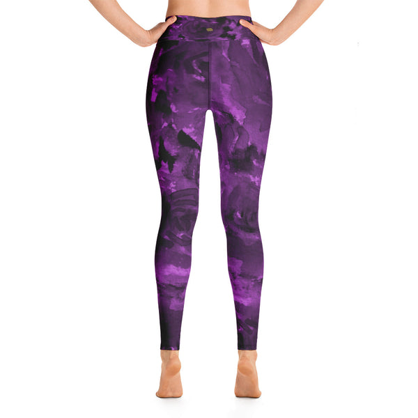 Purple Sweet Rose Floral Ocean Yoga Leggings/ Long Yoga Pants - Made in USA-Leggings-Heidi Kimura Art LLC Purple Floral Women's Leggings, Purple Sweet Rose Floral Print Women's Yoga Leggings/ Long Yoga Pants - Made in USA/EU (US Size: XS-XL)