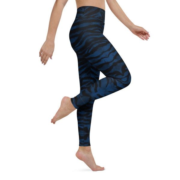 Navy Blue Women's Yoga Leggings, Tiger Stripe Animal Print Yoga Pants-Heidikimurart Limited -Heidi Kimura Art LLC Navy Blue Women's Yoga Leggings, Luxury Tiger Stripe Animal Print Gym Active Fitted Leggings Sports Yoga Pants - Made in USA/EU/MX (US Size: XS-XL)