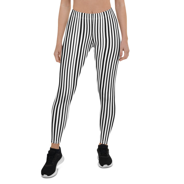 Black Striped Women's Leggings, Black White Vertical Stripe Print Women's Casual Tights-Casual Leggings-Heidi Kimura Art LLC