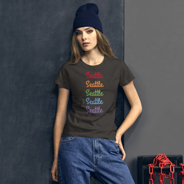 Seattle Rainbow Print Gay Pride 100% Cotton Women's Short Sleeve T-shirt (US Size: S-XL)-T-Shirt-Smoke-S-Heidi Kimura Art LLC