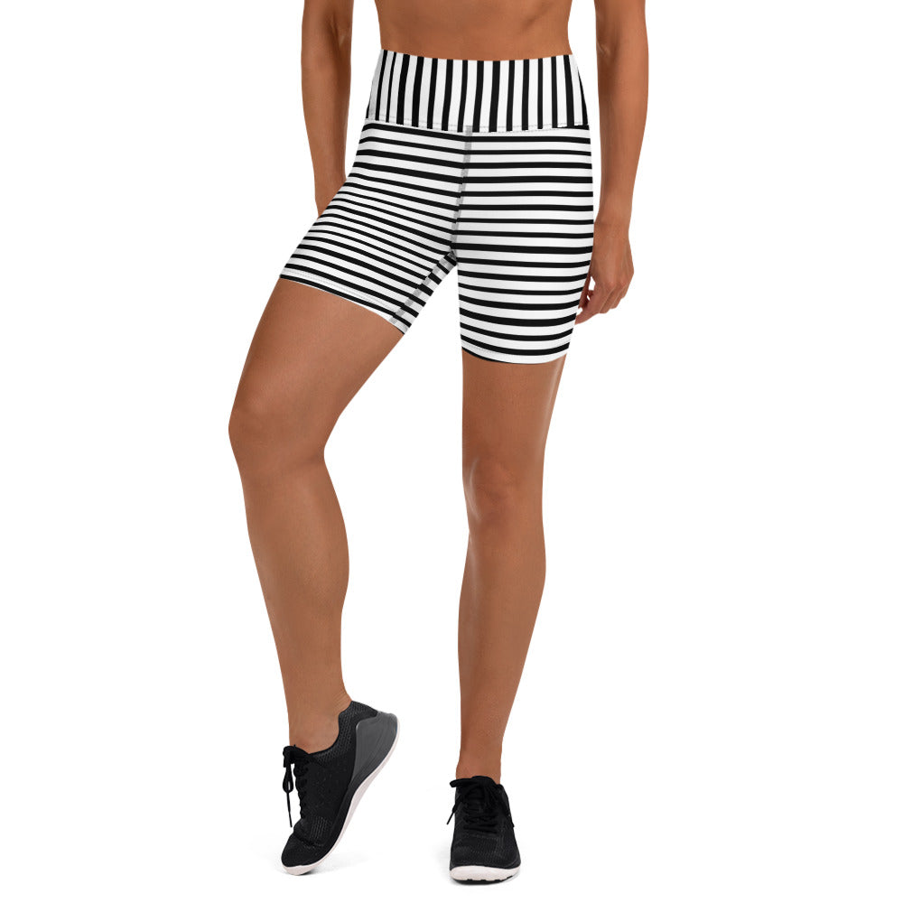 Stretchy Black White Striped Print Women's Premium Yoga Tight Workout Shorts- Made in USA/EU-Yoga Shorts-XS-Heidi Kimura Art LLC