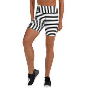Stretchy Black White Striped Print Women's Premium Yoga Tight Workout Shorts- Made in USA/EU-Yoga Shorts-XS-Heidi Kimura Art LLC