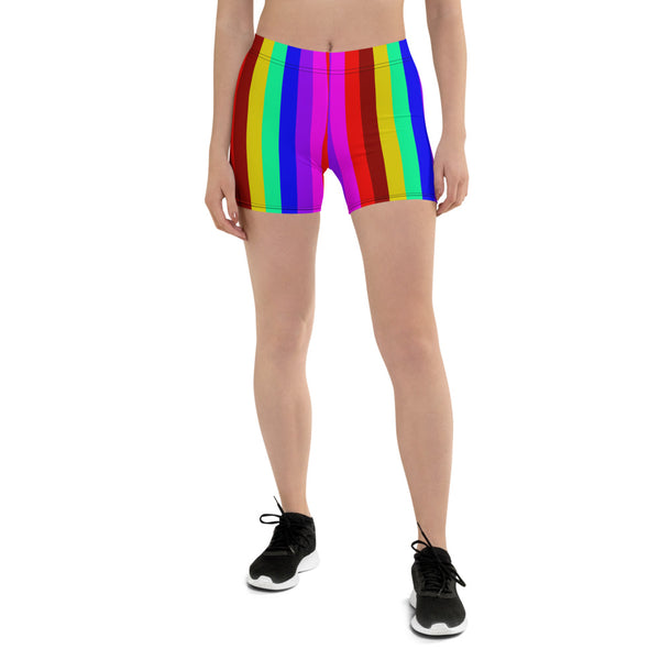Rainbow Stretchy Shorts, Gay Pride Parade Short Tights-Made in USA/EU-Heidi Kimura Art LLC-Heidi Kimura Art LLC Rainbow Stretchy Shorts, Vertical Striped Gay Pride Parade Printed Women's Elastic Stretchy Shorts Short Tights -Made in USA/EU (US Size: XS-3XL) Plus Size Available, Tight Pants, Pants and Tights, Womens Shorts, Short Yoga Pants