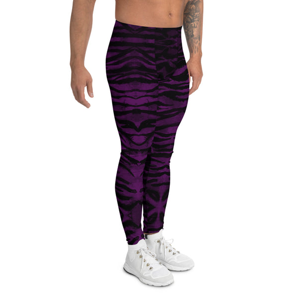 Purple Tiger Stripe Men's Leggings, Animal Print Meggings Compression Tights-Made in USA/EU-Heidi Kimura Art LLC-Heidi Kimura Art LLC