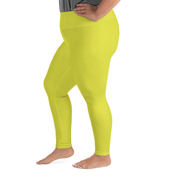 Lime Yellow Solid Color Print Women's Plus Size Best Quality Leggings- Made in USA/EU-Women's Plus Size Leggings-Heidi Kimura Art LLC