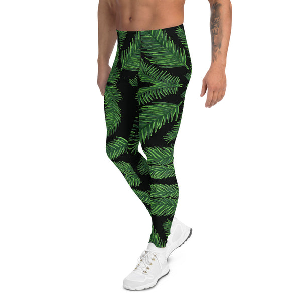 Black Tropical Leaf Men's Leggings, Palm Leaves Meggings Run Tights-Made in USA/EU-Heidi Kimura Art LLC-Heidi Kimura Art LLC Black Tropical Leaf Men's Leggings, Palm Leaves Printed Hawaiian-Style Sexy Meggings Men's Workout Gym Tights Leggings, Men's Compression Tights Pants - Made in USA/ EU (US Size: XS-3XL) 
