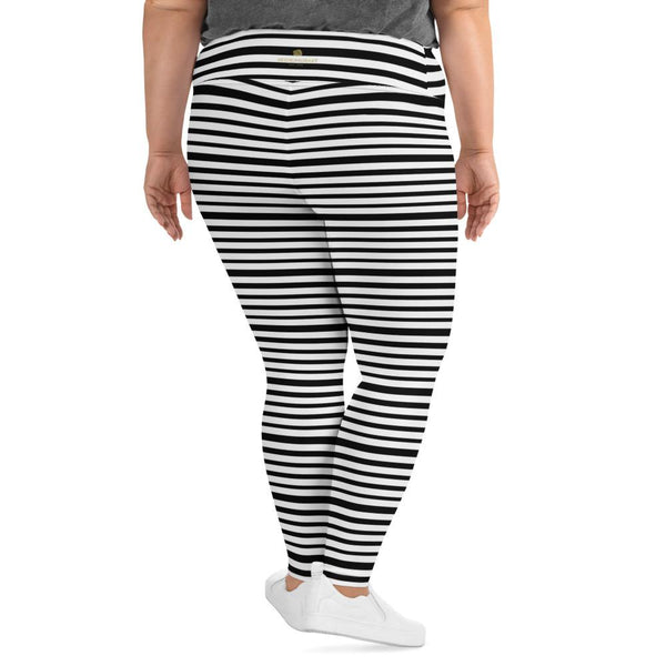 Horizontal White Black Stripe Print Women's Plus Size Leggings Tights- Made in USA/ EU-Women's Plus Size Leggings-Heidi Kimura Art LLC