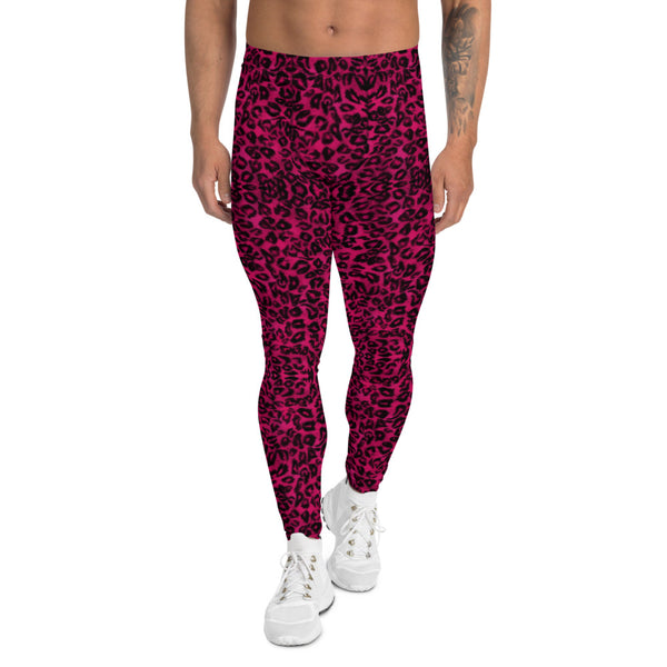 Men's Leggings-Heidikimurart Limited -XS-Heidi Kimura Art LLC Hot Pink Leopard Men's Leggings, Animal Print Meggings Compression Tights Sexy Meggings Men's Workout Gym Tights Leggings, Men's Compression Tights Pants - Made in USA/ EU/ MX (US Size: XS-3XL) 