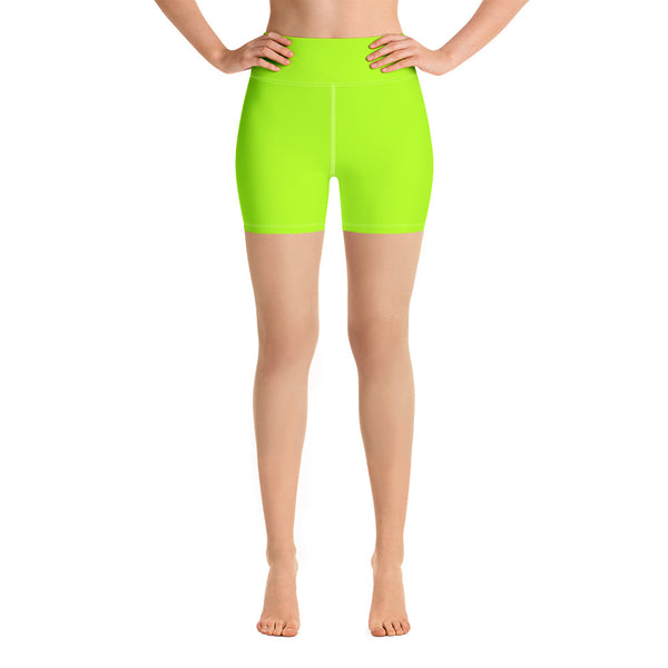 Neon Green Ladies Yoga Shorts, Solid Color Premium Quality Women's High Waist Spandex Fitness Workout Yoga Shorts, Yoga Tights, Fashion Gym Quick Drying Short Pants With Pockets - Made in USA/EU (US Size: XS-XL)