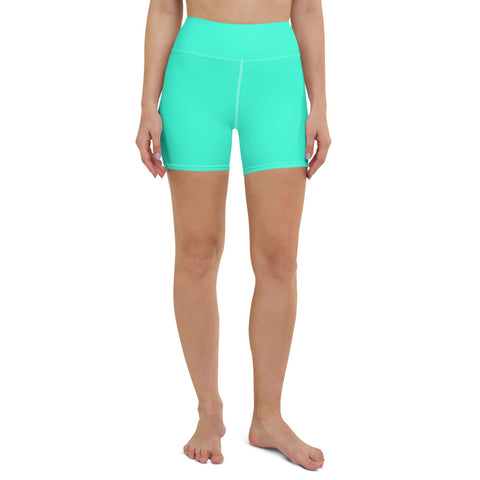 Yoga Shorts-Heidi Kimura Art LLC-XS-Heidi Kimura Art LLC Turquoise Blue Ladies Yoga Shorts, Bright Turquoise Blue Colorful Solid Color Premium Quality Women's High Waist Spandex Fitness Workout Yoga Shorts, Yoga Tights, Fashion Gym Quick Drying Short Pants With Pockets - Made in USA (US Size: XS-XL)
