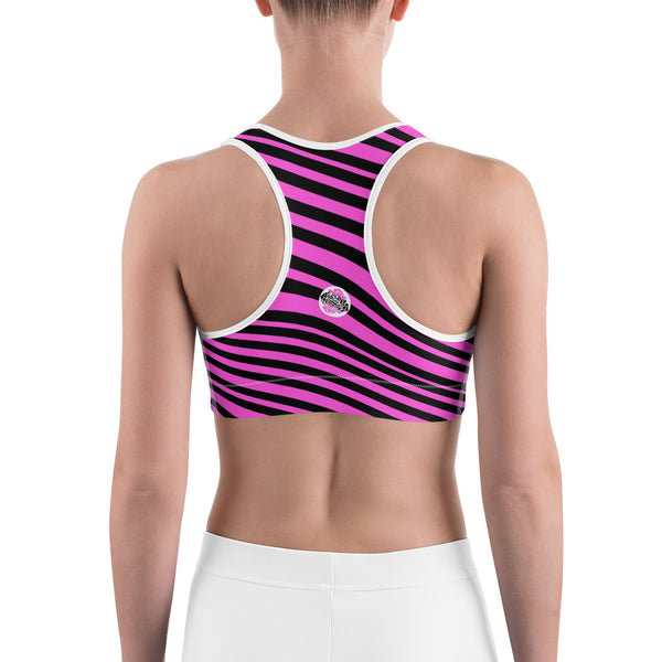 Hot Pink Girlie Black Diagonal Striped Print Women's Fitness Bra-Made in USA-Sports Bras-Heidi Kimura Art LLC