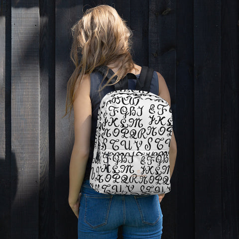 Calligraphy Print Travel Water Resistant College Travel Designer Backpack-Made in USA-Backpack-Heidi Kimura Art LLC Calligraphy Travel Backpack, White Black Designer Calligraphy Handlettering Print Designer Medium Size (Fits 15" Laptop) Water Resistant College Unisex Backpack for Travel/ School/ Work - Made in USA/ Europe