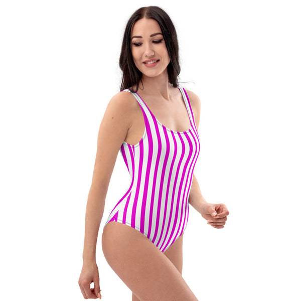 Pink Striped Women's Swimwear, Designer One-Piece Swimsuit-Heidi Kimura Art LLC-Heidi Kimura Art LLC Pink Striped Women's Swimwear, Modern Vertical Stripe Print Designer Luxury 1-Piece Swimwear Bathing Suits, Beach Wear - Made in USA/EU (US Size: XS-3XL) Plus Size Available