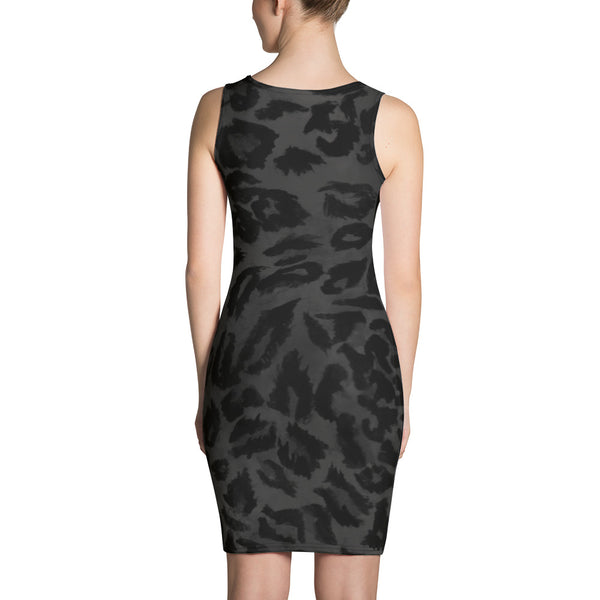 Dark Black Gray Leopard Animal Print Women's One Piece Dress - Made in USA/ Europe-Women's Sleeveless Dress-Heidi Kimura Art LLC