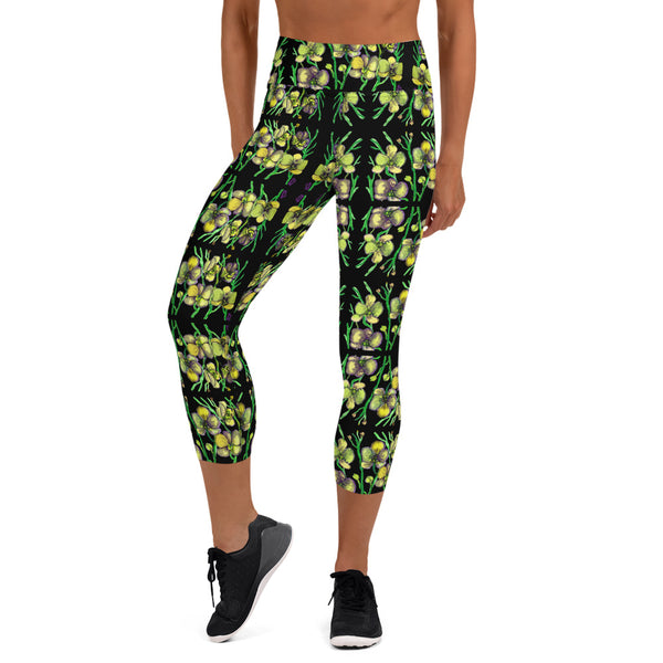 Floral Orchids Yoga Capri Leggings, Black Yellow Floral Print Women's Yoga Capri Leggings Pants High Performance Tights- Made in USA/EU (US Size: XS-XL)