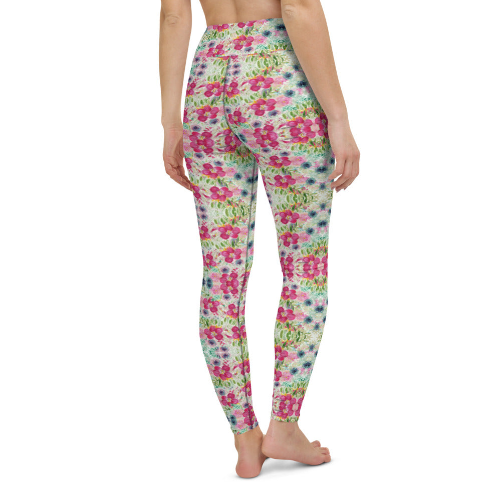 Pink Abstract Floral Women's Leggings, Rose Print Long Yoga Gym