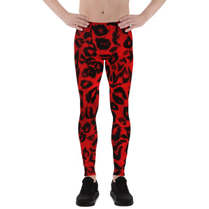 Red Hot Leopard Animal Print Spandex Men's Leggings Running Tights- Made in USA/EU-Men's Leggings-XS-Heidi Kimura Art LLC