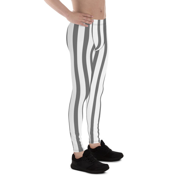 Grey & White Stripes Men's Running Circus Leggings & Run Tights Meggings Pants-Men's Leggings-Heidi Kimura Art LLC