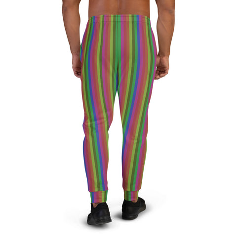 Vintage Style Rainbow Stripe Print Designer Men's Joggers Pants Bottoms- Made in EU-Men's Joggers-Heidi Kimura Art LLC