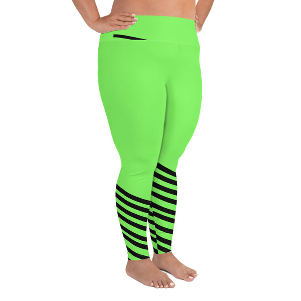 Neon Green Black Diagonal Stripe Women's Elastic Plus Size Leggings - Made in USA-Women's Plus Size Leggings-Heidi Kimura Art LLC