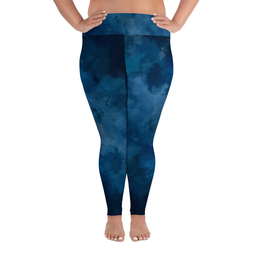Blue Plus Size Women's Leggings, Abstract Long Yoga Pants For Curvy Women-Made in USA/EU-Women's Plus Size Leggings-2XL-Heidi Kimura Art LLC