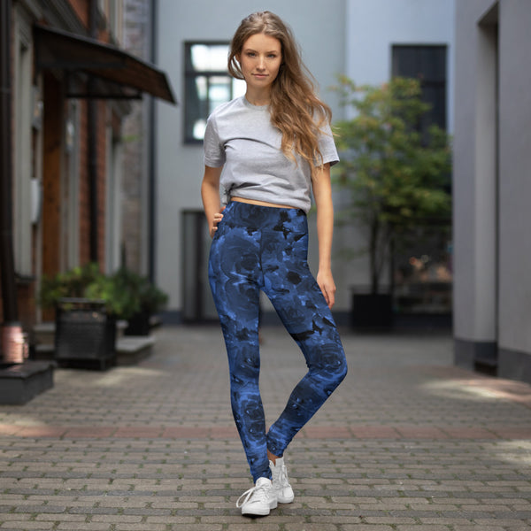 Navy Blue Floral Yoga Leggings, Abstract Flower Print Designer Women's Yoga Pants-Heidikimurart Limited -Heidi Kimura Art LLC Navy Blue Floral Yoga Leggings, Abstract Flower Print Best Luxury Premium Quality  Gym Active Fitted Leggings Sports Yoga Pants - Made in USA/EU/MX (US Size: XS-XL)
