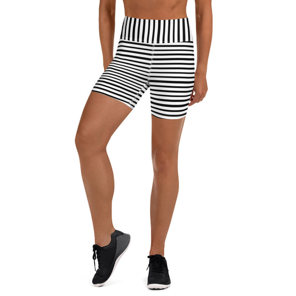 Classic Black White Modern Striped Print Women's Yoga Workout Shorts- Made in USA/ EU-Yoga Shorts-Heidi Kimura Art LLC
