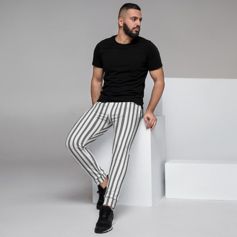  Grey White Striped Men's Joggers, Vertical Stripes Modern Slim-Fit Designer Ultra Soft & Comfortable Men's Joggers, Men's Jogger Pants-Made in EU (US Size: XS-3XL)