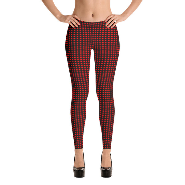 Buffalo Red Plaid Print Leggings, Best Christmas Party Long Tights, Women's Dressy Marble Women's Long Dressy Casual Fashion Leggings/ Running Tights - Made in USA/ EU/ MX (US Size: XS-XL)