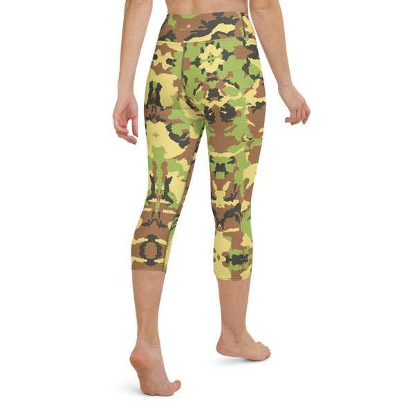 Green Camo Yoga Capri Leggings, Camouflage Capris Tights-Made in USA/EU-Heidi Kimura Art LLC-Heidi Kimura Art LLC Green Camo Yoga Capri Leggings, Camouflage Military Print Capri Leggings Yoga Pants - Made in USA/EU (US Size: XS-XL)