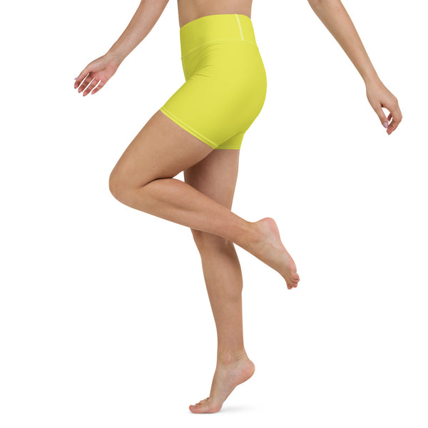 Bright Yellow Women's Yoga Shorts, Solid Color Ladies Short Tights-Made in USA/EU-Heidi Kimura Art LLC-Heidi Kimura Art LLC Bright Yellow Women's Yoga Shorts, Solid Color Premium Quality Women's High Waist Spandex Fitness Workout Yoga Shorts, Yoga Tights, Fashion Gym Quick Drying Short Pants With Pockets - Made in USA/EU (US Size: XS-XL)