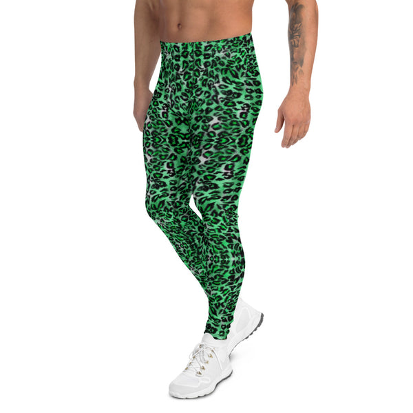 Green Leopard Print Men's Leggings, Animal Print Compression Tights-Made in USA/EU-Heidikimurart Limited -Heidi Kimura Art LLC Green Leopard Print Men's Leggings, Green Colorful Animal Print Leopard Modern Meggings, Men's Leggings Tights Pants - Made in USA/EU/MX (US Size: XS-3XL) Sexy Meggings Men's Workout Gym Tights Leggings