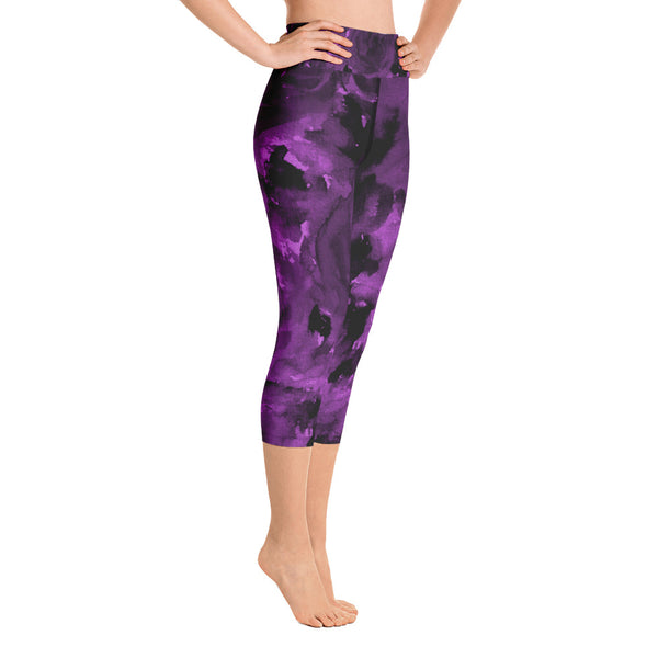 Royal Dark Purple Rose Floral Print Capri Leggings Women's Yoga Pants - Made in USA-Capri Yoga Pants-Heidi Kimura Art LLC